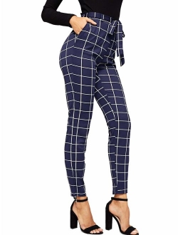 Women's Plaid Print Pants Self Tie Belt Soft Skinny Basic Leggings