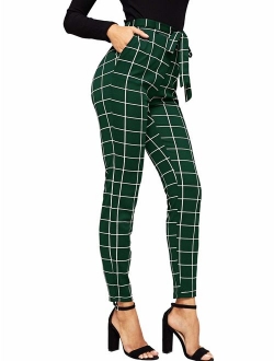 Women's Plaid Print Pants Self Tie Belt Soft Skinny Basic Leggings