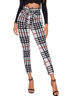 Women's Plaid Print Pants Self Tie Belt Soft Skinny Basic Leggings