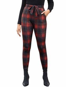 Women's Plaid Print Pants Self Tie Belt Soft Skinny Basic Leggings