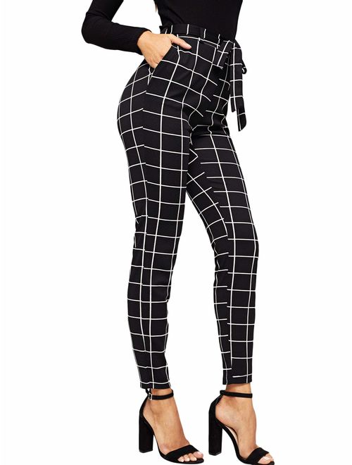 WDIRARA Women's Plaid Print Pants Self Tie Belt Soft Skinny Basic Leggings