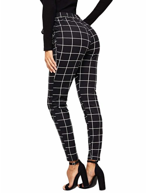 WDIRARA Women's Plaid Print Pants Self Tie Belt Soft Skinny Basic Leggings