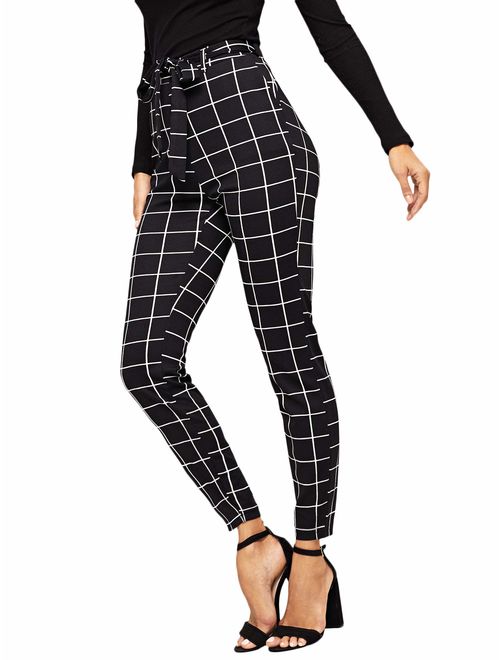 WDIRARA Women's Plaid Print Pants Self Tie Belt Soft Skinny Basic Leggings