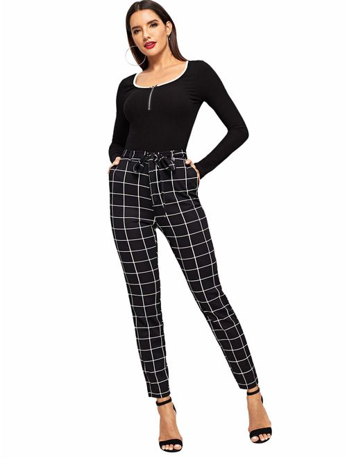 WDIRARA Women's Plaid Print Pants Self Tie Belt Soft Skinny Basic Leggings