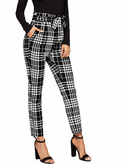 WDIRARA Women's Plaid Print Pants Self Tie Belt Soft Skinny Basic Leggings