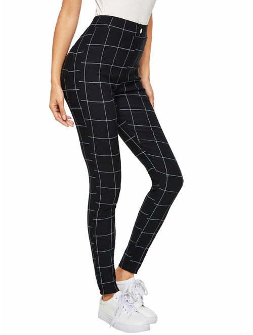 WDIRARA Women's Plaid Print Pants Self Tie Belt Soft Skinny Basic Leggings