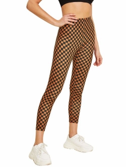 Women's High Waisted Sporty Capris Skinny Plaid Yoga Leggings