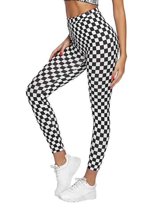 WDIRARA Women's High Waisted Sporty Capris Skinny Plaid Yoga Leggings