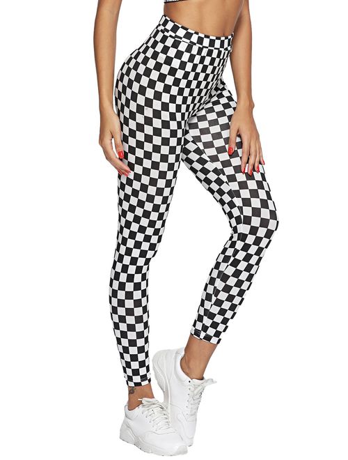 WDIRARA Women's High Waisted Sporty Capris Skinny Plaid Yoga Leggings