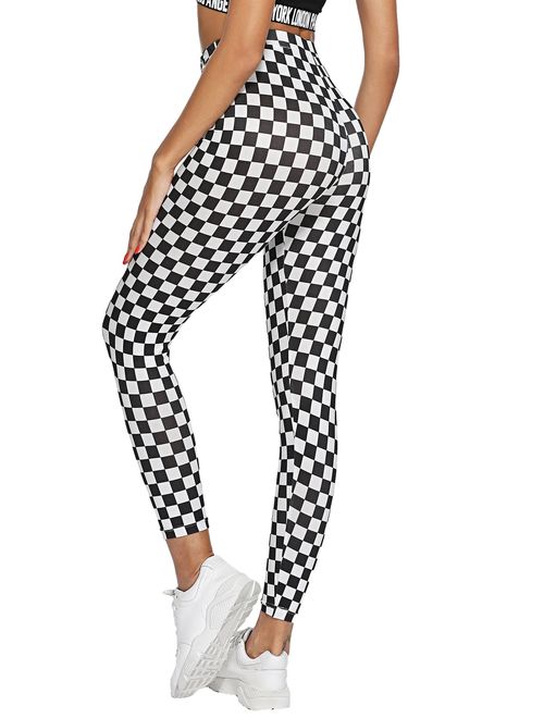 WDIRARA Women's High Waisted Sporty Capris Skinny Plaid Yoga Leggings