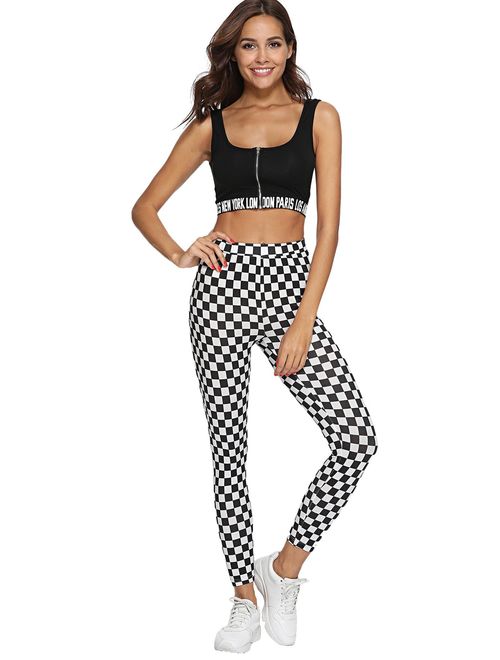 WDIRARA Women's High Waisted Sporty Capris Skinny Plaid Yoga Leggings