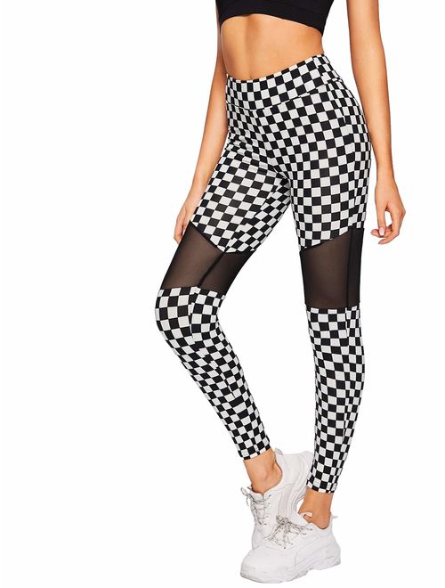 WDIRARA Women's High Waisted Sporty Capris Skinny Plaid Yoga Leggings