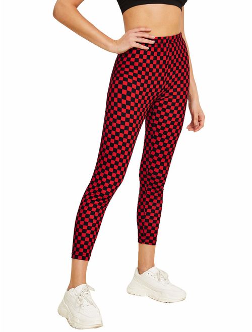 WDIRARA Women's High Waisted Sporty Capris Skinny Plaid Yoga Leggings