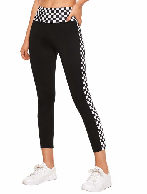 WDIRARA Women's High Waisted Sporty Capris Skinny Plaid Yoga Leggings