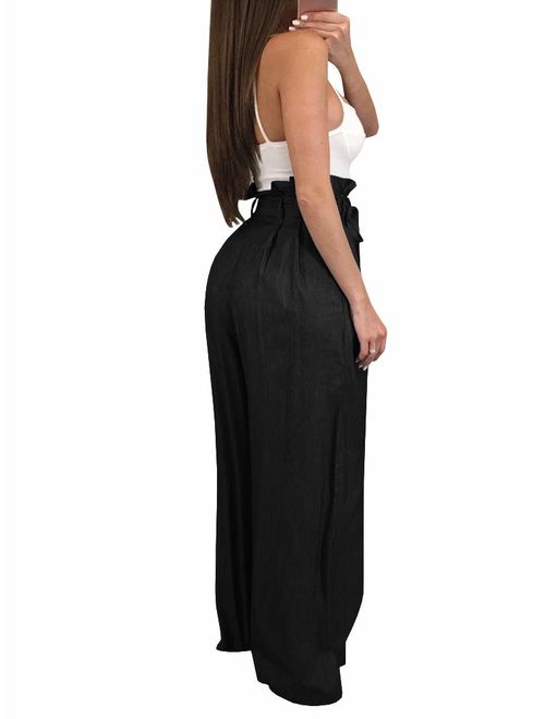 Ybenlow Womens High Waisted Palazzo Pants Wide Leg Stretch Trouser Pant Belted with Pockets