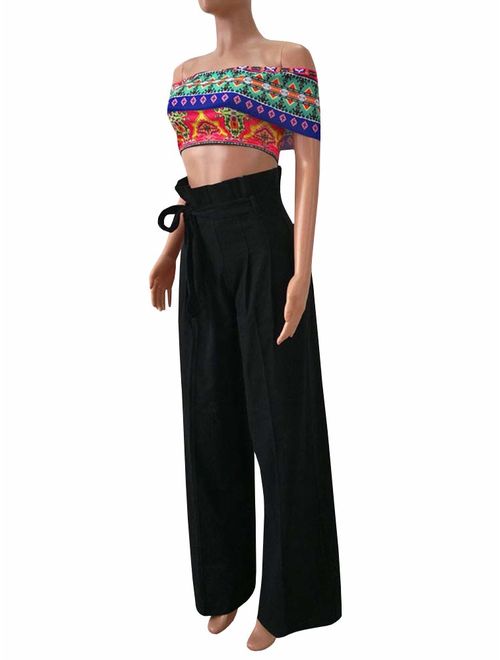 Ybenlow Womens High Waisted Palazzo Pants Wide Leg Stretch Trouser Pant Belted with Pockets