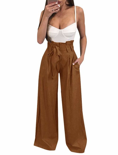 Ybenlow Womens High Waisted Palazzo Pants Wide Leg Stretch Trouser Pant Belted with Pockets