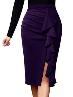 VFSHOW Women Elegant Ruched Ruffle Slit Work Business Party Pencil Skirt