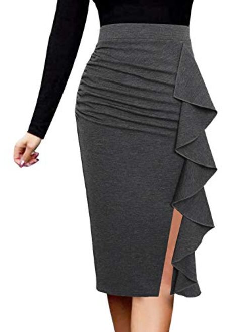 VFSHOW Women Elegant Ruched Ruffle Slit Work Business Party Pencil Skirt