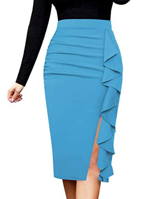 VFSHOW Women Elegant Ruched Ruffle Slit Work Business Party Pencil Skirt