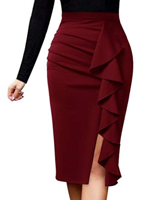 VFSHOW Women Elegant Ruched Ruffle Slit Work Business Party Pencil Skirt