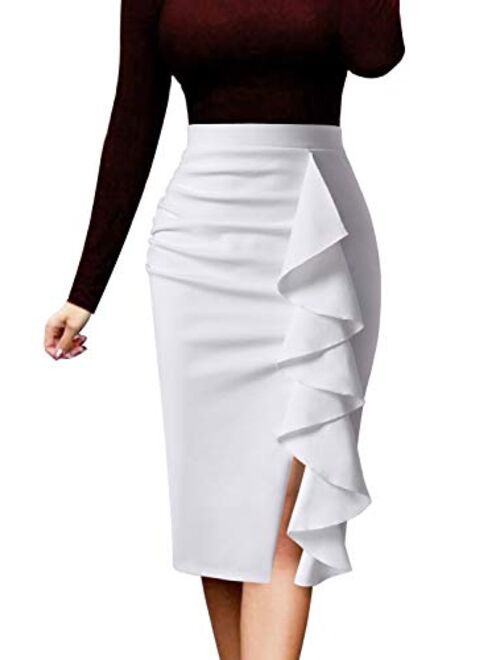 VFSHOW Women Elegant Ruched Ruffle Slit Work Business Party Pencil Skirt