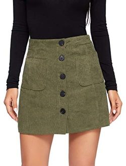 Women's Casual Button Front Mid Waist Above Knee Short Corduroy Skirt