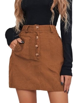 Women's Casual Button Front Mid Waist Above Knee Short Corduroy Skirt