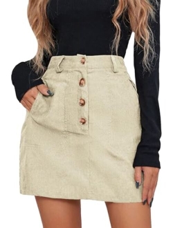 Women's Casual Button Front Mid Waist Above Knee Short Corduroy Skirt