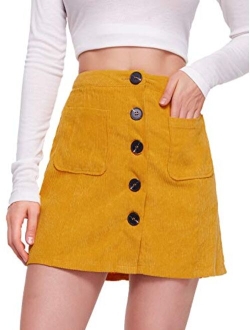 Women's Casual Button Front Mid Waist Above Knee Short Corduroy Skirt