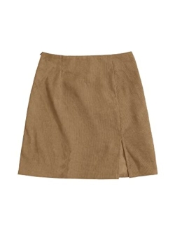 Women's Casual Button Front Mid Waist Above Knee Short Corduroy Skirt