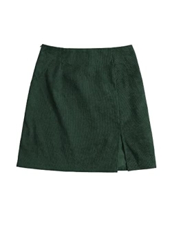 Women's Casual Button Front Mid Waist Above Knee Short Corduroy Skirt