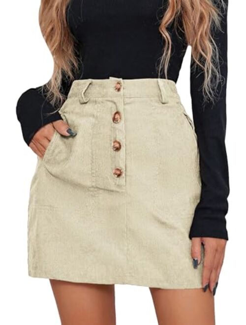 WDIRARA Women's Casual Button Front Mid Waist Above Knee Short Corduroy Skirt