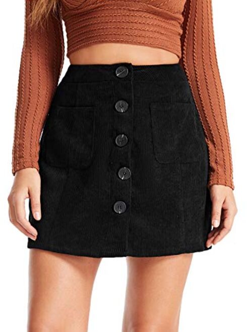 WDIRARA Women's Casual Button Front Mid Waist Above Knee Short Corduroy Skirt