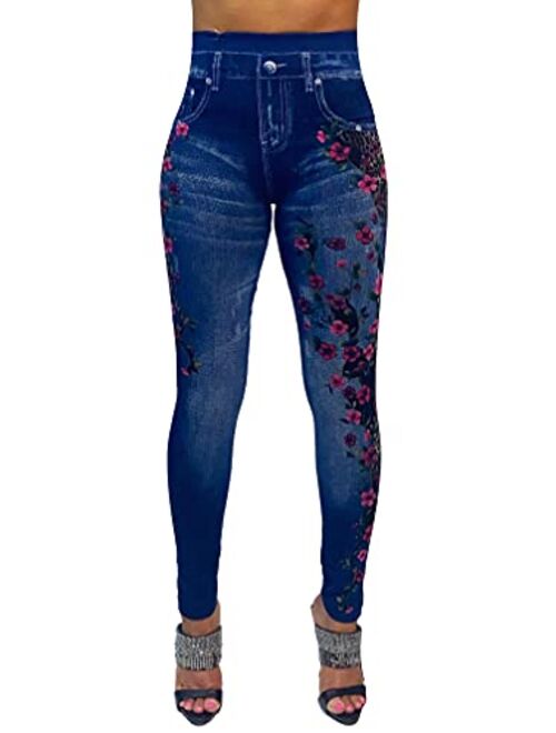 CLOYA Women's Denim Print Fake Jeans Seamless Full Length Leggings