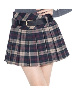 Women's A-Line Plaid Wool Blend Pleated Skirt Side Zipper