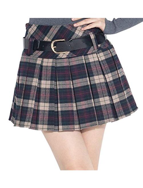 chouyatou Women's A-Line Plaid Wool Blend Pleated Skirt Side Zipper