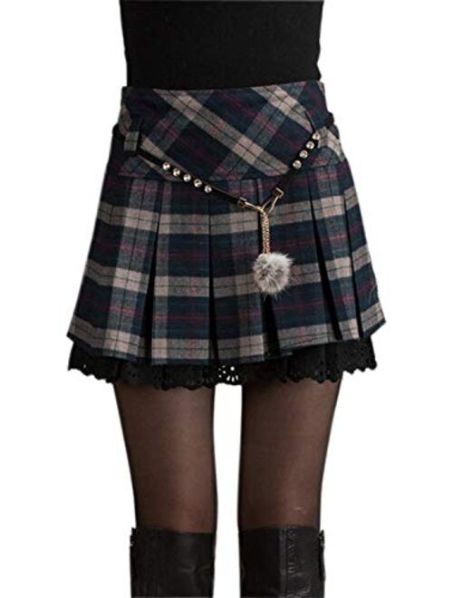 chouyatou Women's A-Line Plaid Wool Blend Pleated Skirt Side Zipper