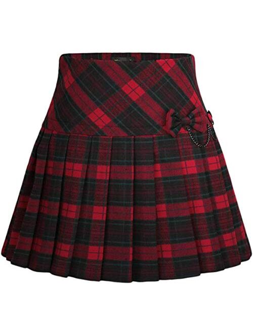 chouyatou Women's A-Line Plaid Wool Blend Pleated Skirt Side Zipper