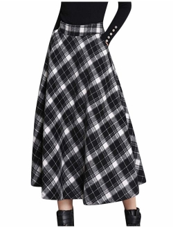 Tanming Women's Winter Warm Elastic Waist Wool Plaid A-Line Pleated Long Skirt