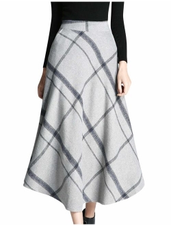 Tanming Women's Winter Warm Elastic Waist Wool Plaid A-Line Pleated Long Skirt