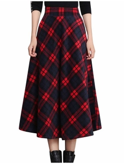 Tanming Women's Winter Warm Elastic Waist Wool Plaid A-Line Pleated Long Skirt