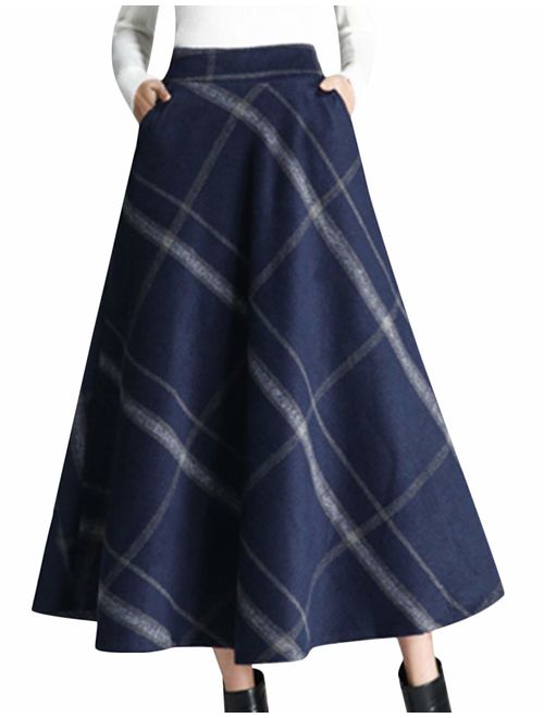 Tanming Women's Winter Warm Elastic Waist Wool Plaid A-Line Pleated Long Skirt