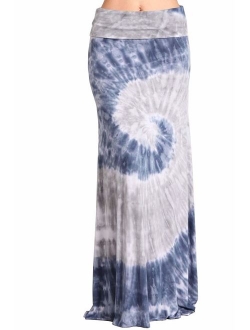 HEYHUN Womens Casual Tie Dye Solid Boho Hippie Long Maxi Skirt w Lace Detail S-3XL