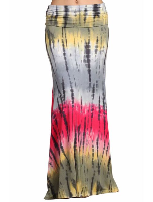 HEYHUN Womens Casual Tie Dye Solid Boho Hippie Long Maxi Skirt w Lace Detail S-3XL