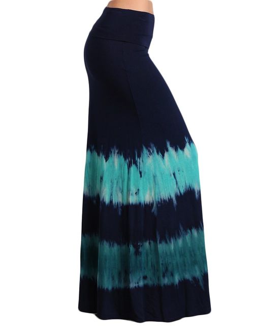 HEYHUN Womens Casual Tie Dye Solid Boho Hippie Long Maxi Skirt w Lace Detail S-3XL