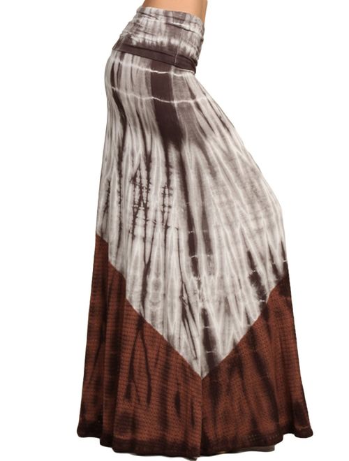 HEYHUN Womens Casual Tie Dye Solid Boho Hippie Long Maxi Skirt w Lace Detail S-3XL