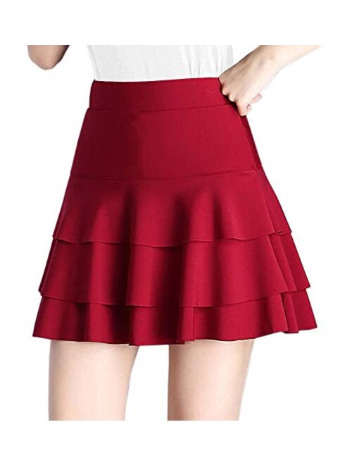 Afibi Stretchy Flared Ruffle Layered Mini Skater Skirts for Women