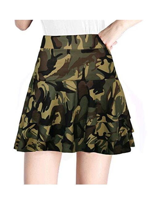 Afibi Stretchy Flared Ruffle Layered Mini Skater Skirts for Women