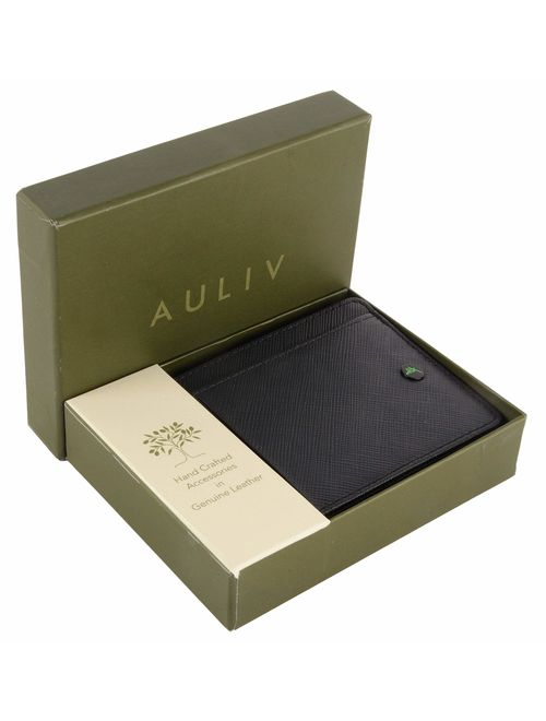 AULIV RFID Blocking Card Case Card Holder Front Pocket Wallet Sleek and Minimalist Vegetable Tan Leather with ID Window and Gift Box